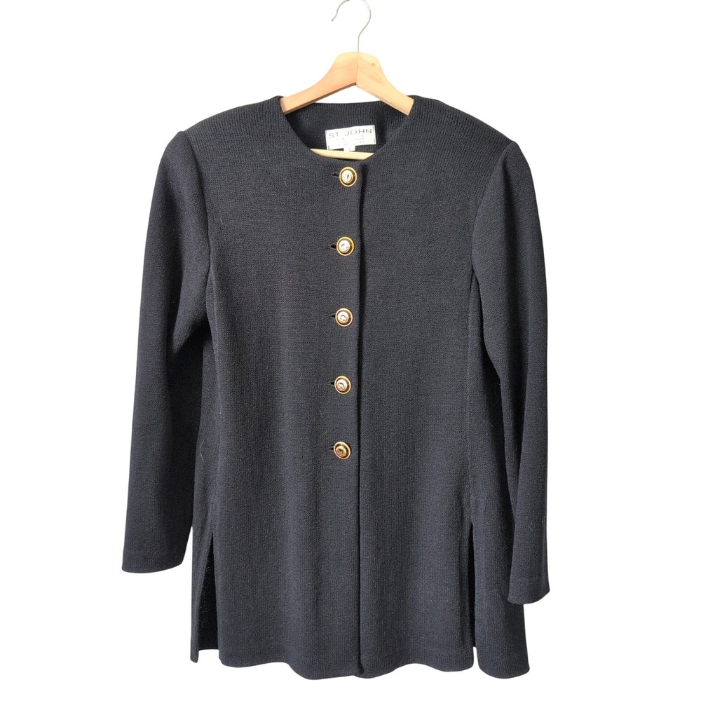 St John Basics Marie Gray Black Santana Knit Button Long Cardigan Jacket Small